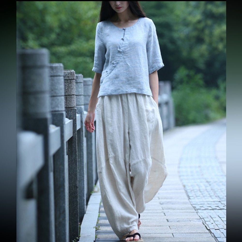 EXCELLENT CONDITION WOMEN’S XL WHITE LINEN COMPLETO LINO BY ARTHURIO BAGGY PANTS